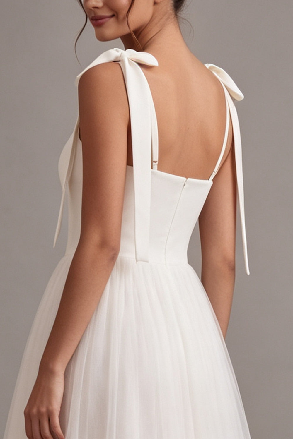 White A-Line Square Neck Midi Boho Wedding Dress with Bow