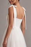 White A-Line Square Neck Midi Boho Wedding Dress with Bow