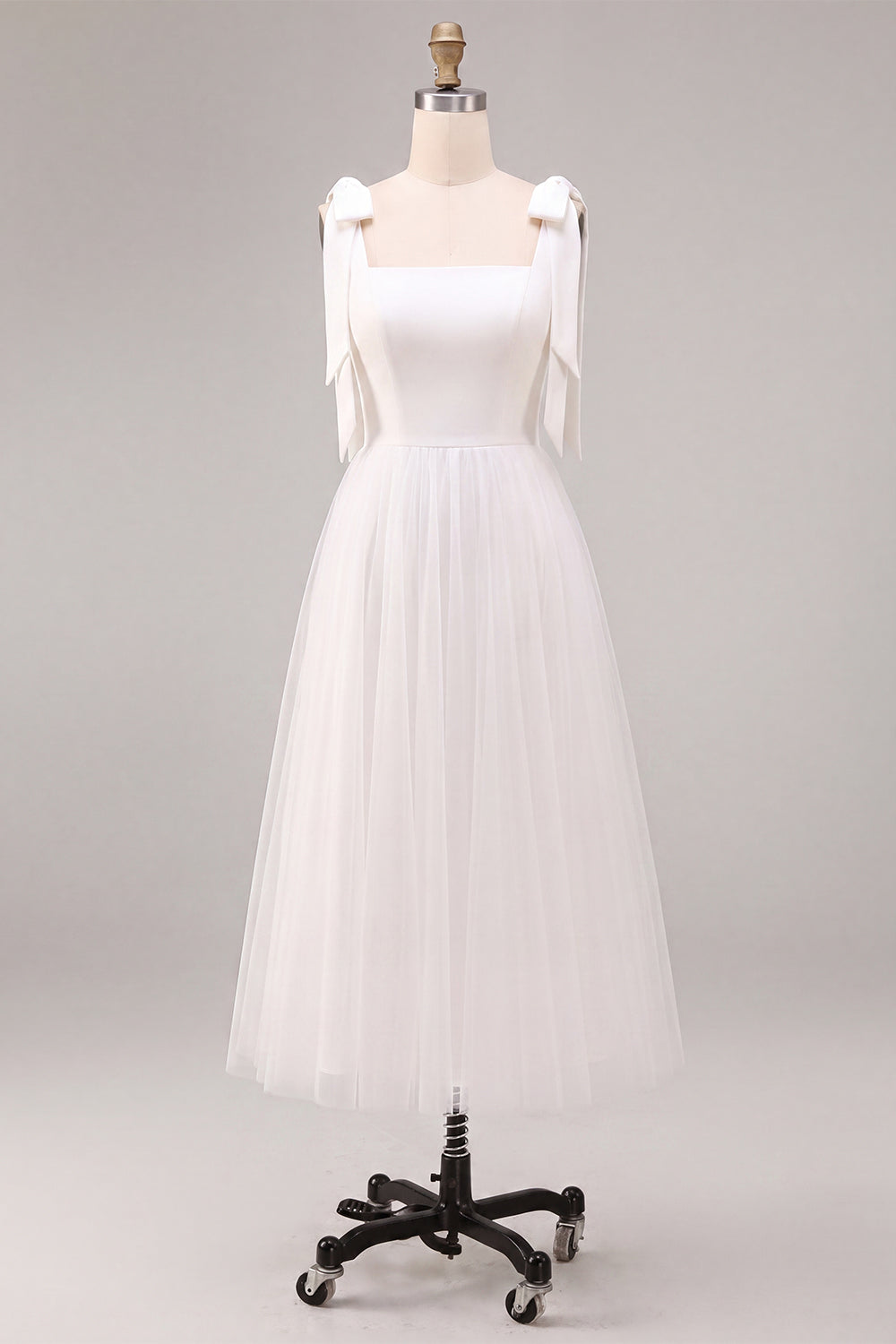White A-Line Square Neck Midi Boho Wedding Dress with Bow