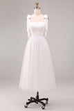 White A-Line Square Neck Midi Boho Wedding Dress with Bow