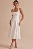 Simple White A-Line Halter Midi Beach Wedding Dress