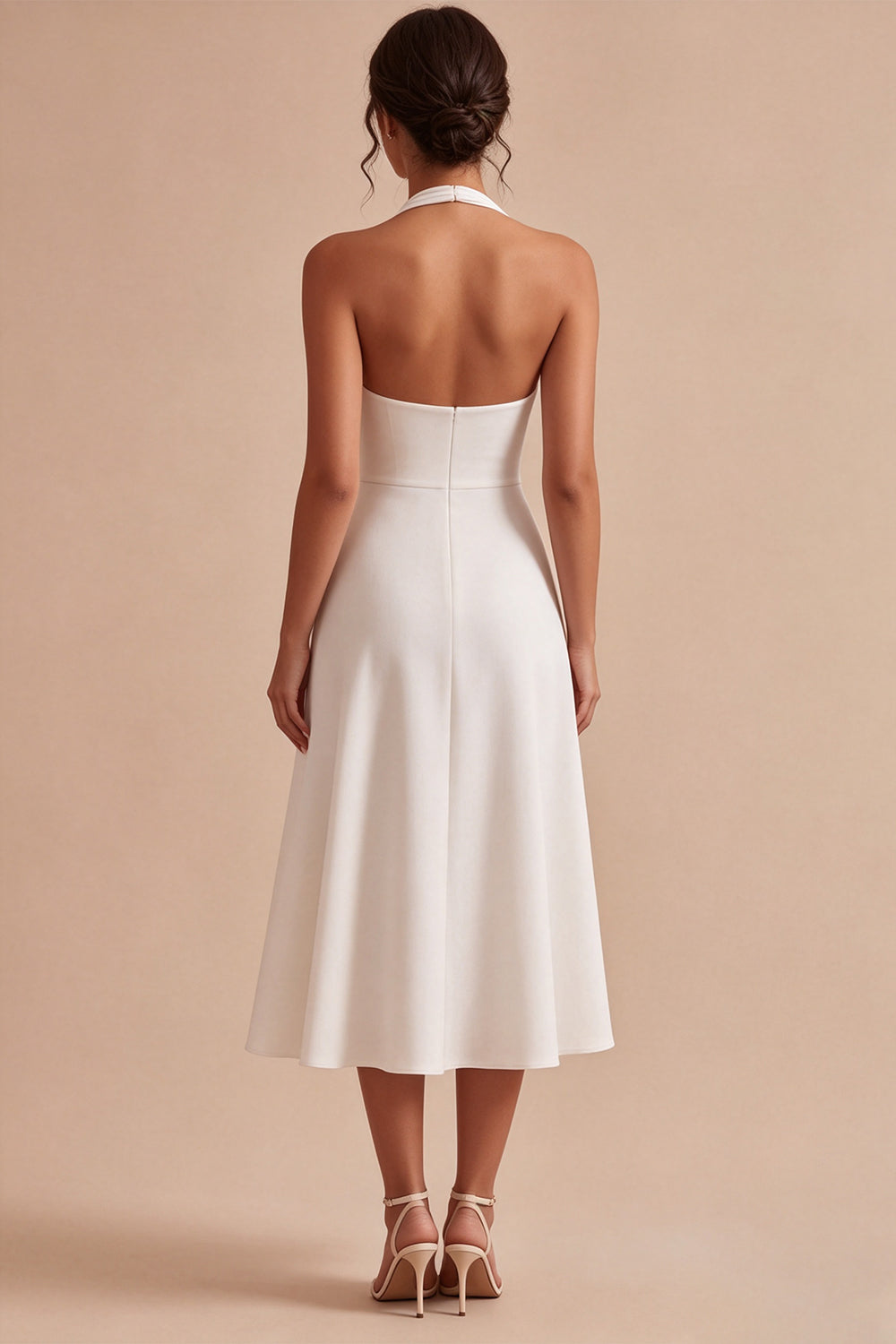 Simple White A-Line Halter Midi Beach Wedding Dress