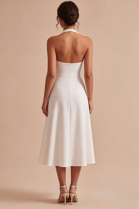 Simple White A-Line Halter Midi Beach Engagement Dress