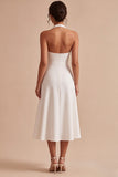 Simple White A-Line Halter Midi Beach Wedding Dress