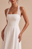 Simple White A-Line Halter Midi Beach Wedding Dress