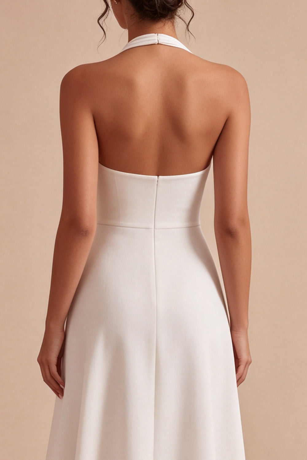 Simple White A-Line Halter Midi Beach Wedding Dress