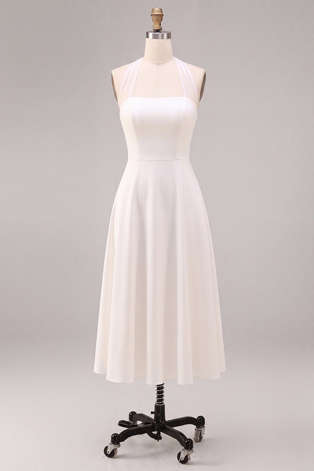 Simple White A-Line Halter Midi Beach Wedding Dress