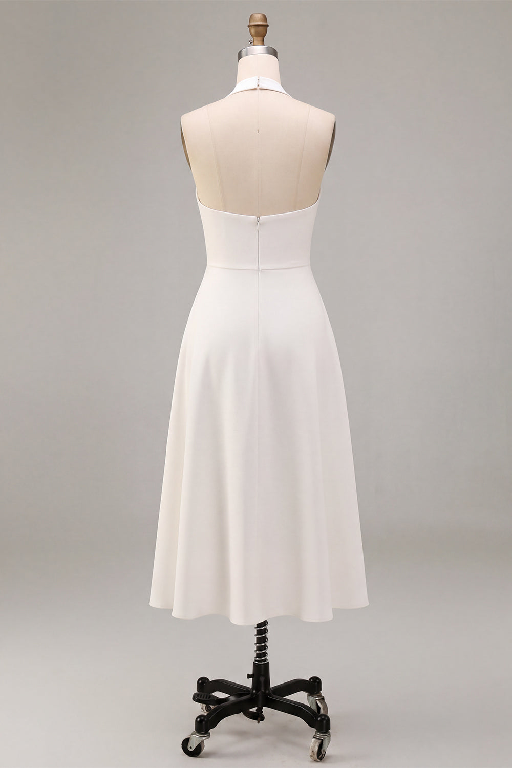 Simple White A-Line Halter Midi Beach Wedding Dress