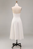 Simple White A-Line Halter Midi Beach Wedding Dress
