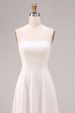 Simple White A-Line Halter Midi Beach Wedding Dress
