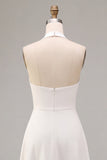 Simple White A-Line Halter Midi Beach Wedding Dress
