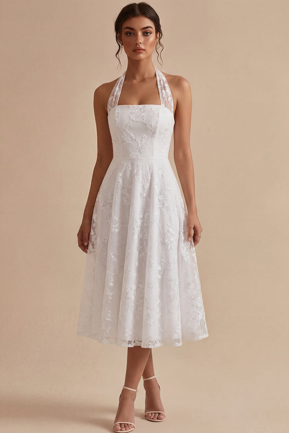 Simple White A-Line Halter Midi Beach Wedding Dress