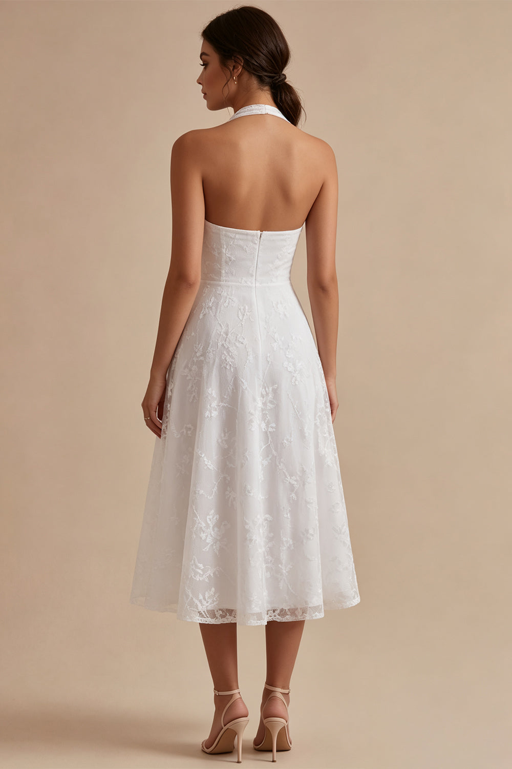 Simple White A-Line Halter Midi Beach Wedding Dress