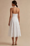 Simple White A-Line Halter Midi Beach Wedding Dress