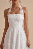 Simple White A-Line Halter Midi Beach Wedding Dress