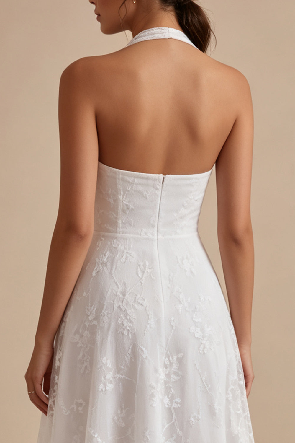 Simple White A-Line Halter Midi Beach Wedding Dress