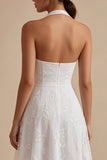Simple White A-Line Halter Midi Beach Wedding Dress