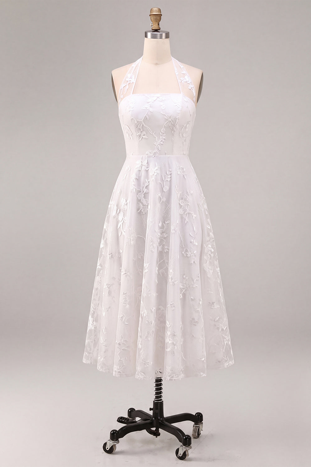 Simple White A-Line Halter Midi Beach Wedding Dress