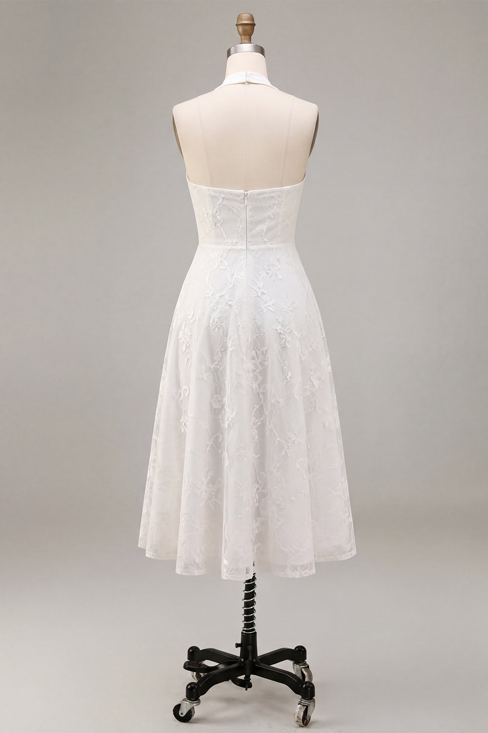Simple White A-Line Halter Midi Beach Wedding Dress