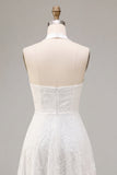 Simple White A-Line Halter Midi Beach Wedding Dress