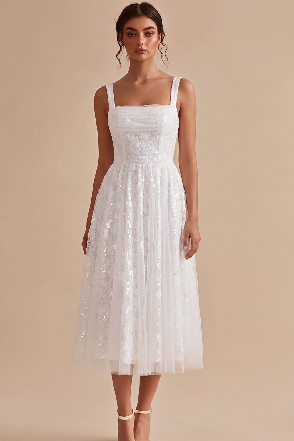 Sparkly White A-Line Square Neck Sequins Midi Boho Wedding Dress