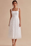 Sparkly White A-Line Square Neck Sequins Midi Boho Wedding Dress