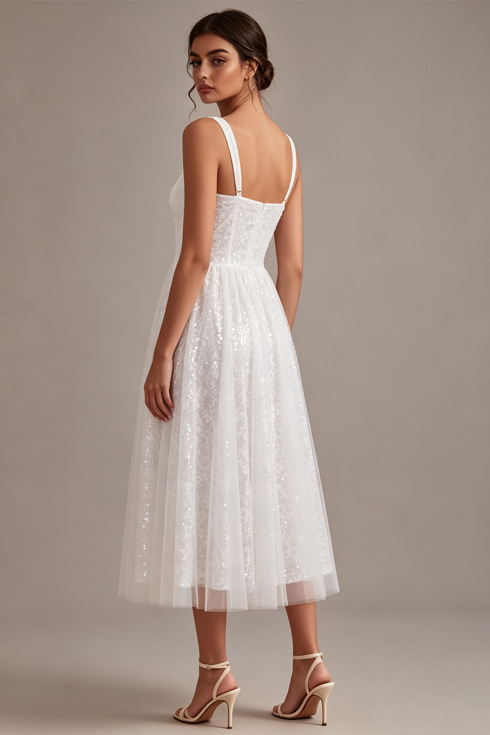 Sparkly White A-Line Square Neck Sequins Midi Boho Wedding Dress