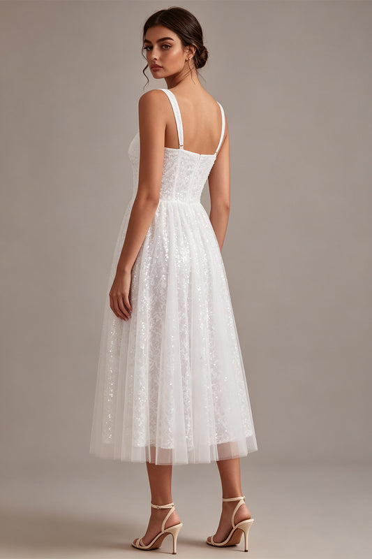 Sparkly White A-Line Square Neck Sequins Midi Boho Engagement Dress