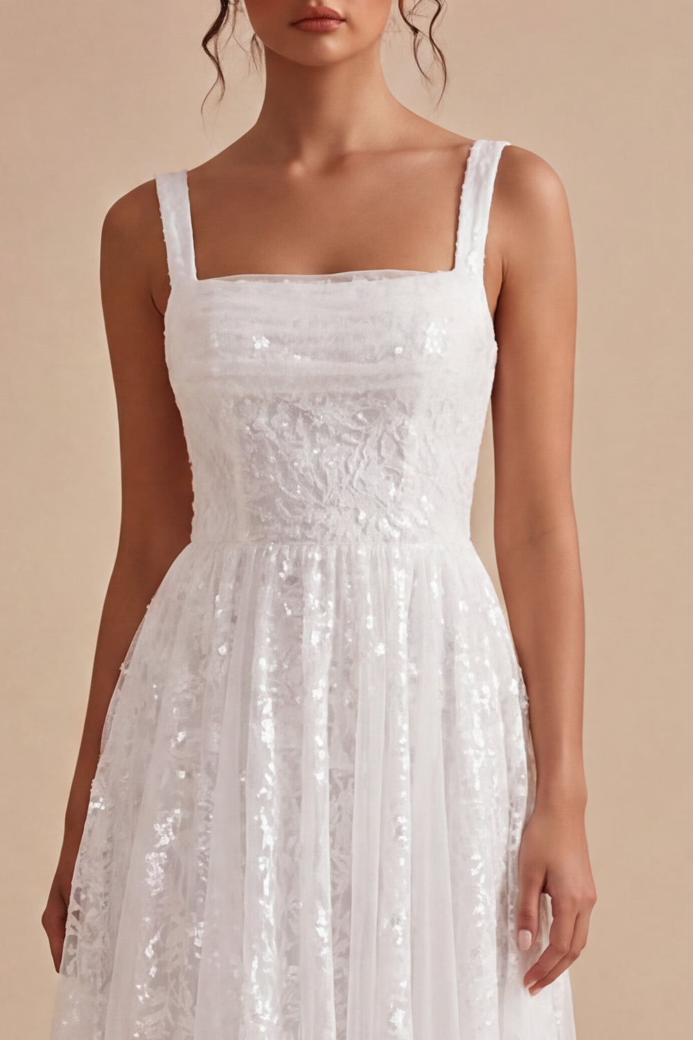 Sparkly White A-Line Square Neck Sequins Midi Boho Wedding Dress