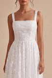 Sparkly White A-Line Square Neck Sequins Midi Boho Wedding Dress