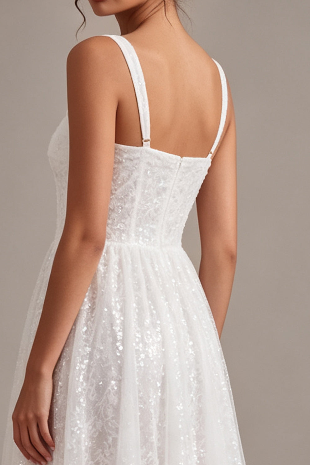 Sparkly White A-Line Square Neck Sequins Midi Boho Wedding Dress
