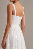 Sparkly White A-Line Square Neck Sequins Midi Boho Wedding Dress