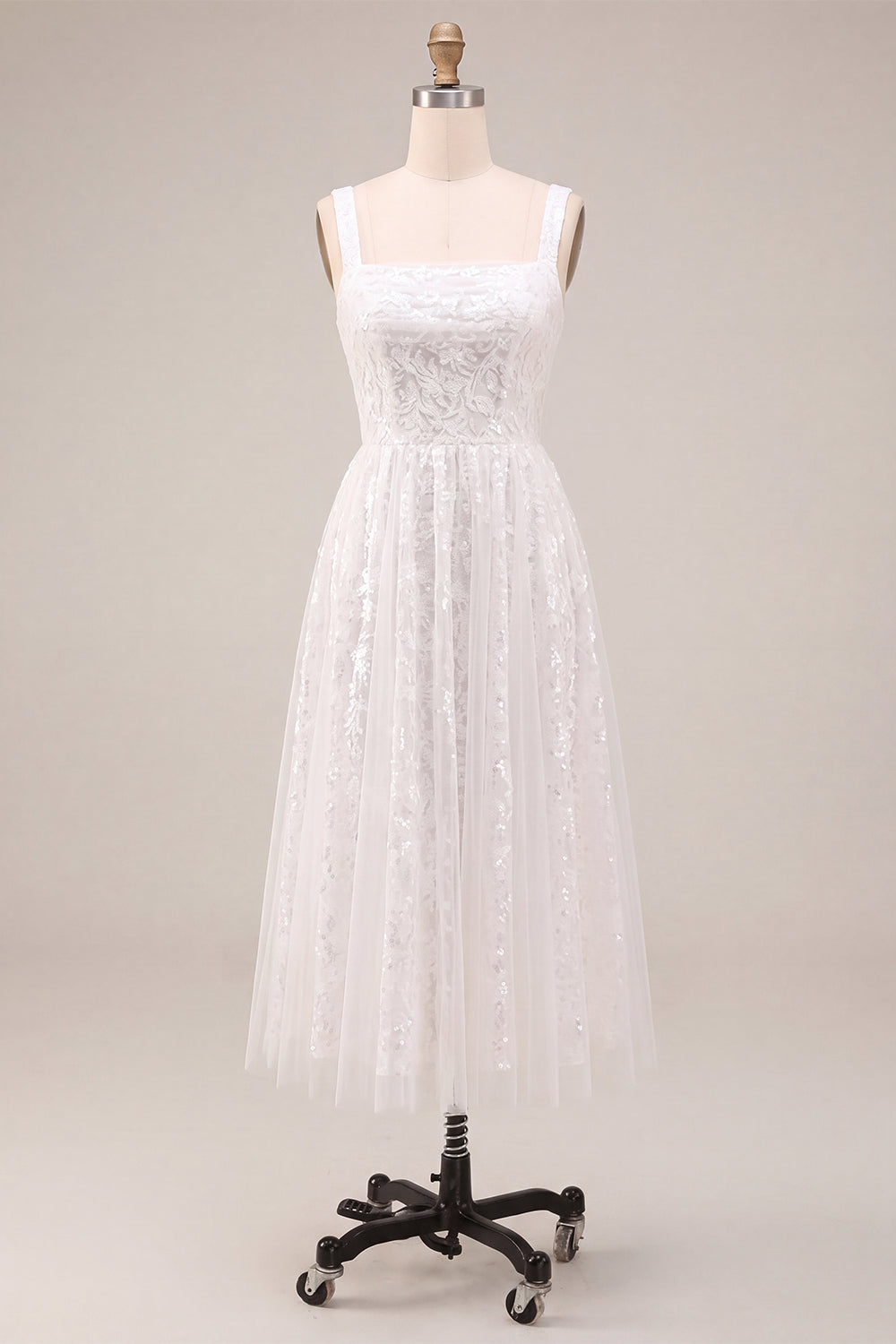 Sparkly White A-Line Square Neck Sequins Midi Boho Wedding Dress