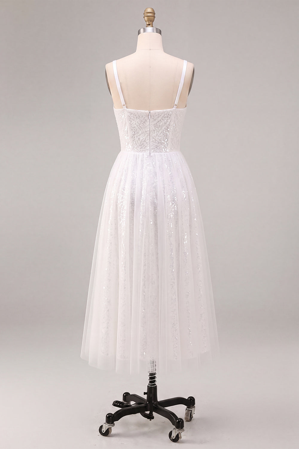 Sparkly White A-Line Square Neck Sequins Midi Boho Wedding Dress