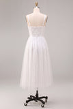 Sparkly White A-Line Square Neck Sequins Midi Boho Wedding Dress