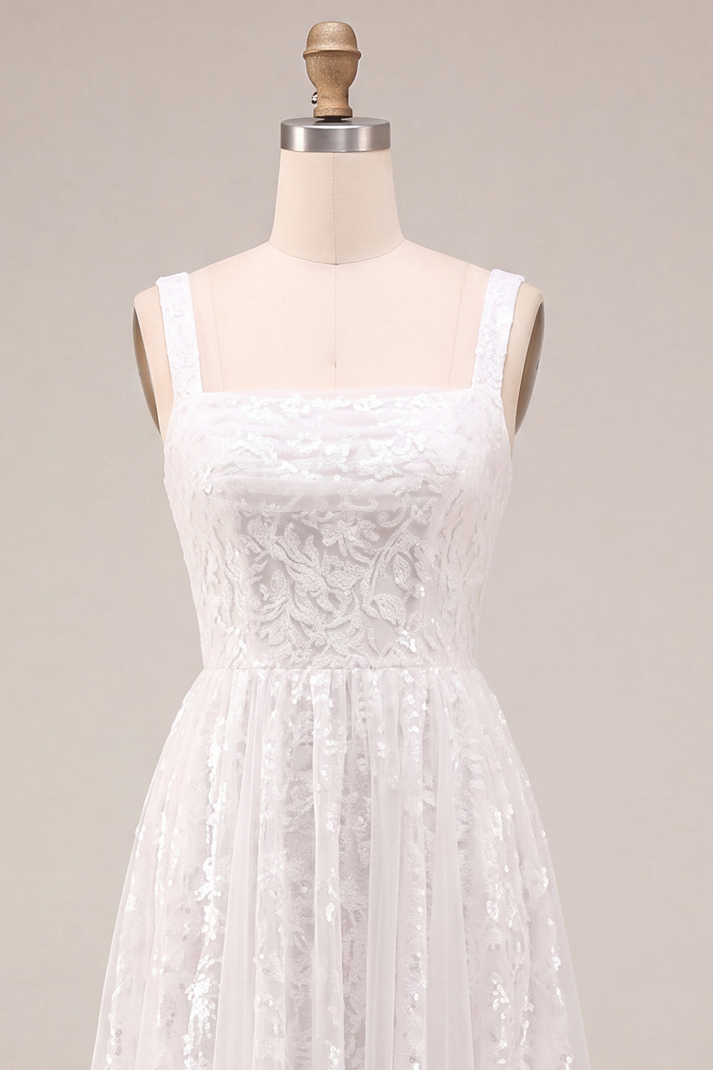 Sparkly White A-Line Square Neck Sequins Midi Boho Wedding Dress