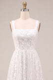Sparkly White A-Line Square Neck Sequins Midi Boho Wedding Dress
