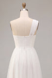 White A-Line One Shoulder Ruched Midi Boho Wedding Dress