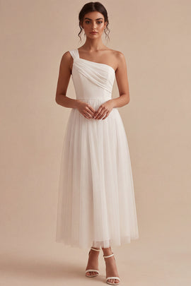 White A-Line One Shoulder Ruched Midi Boho Wedding Dress