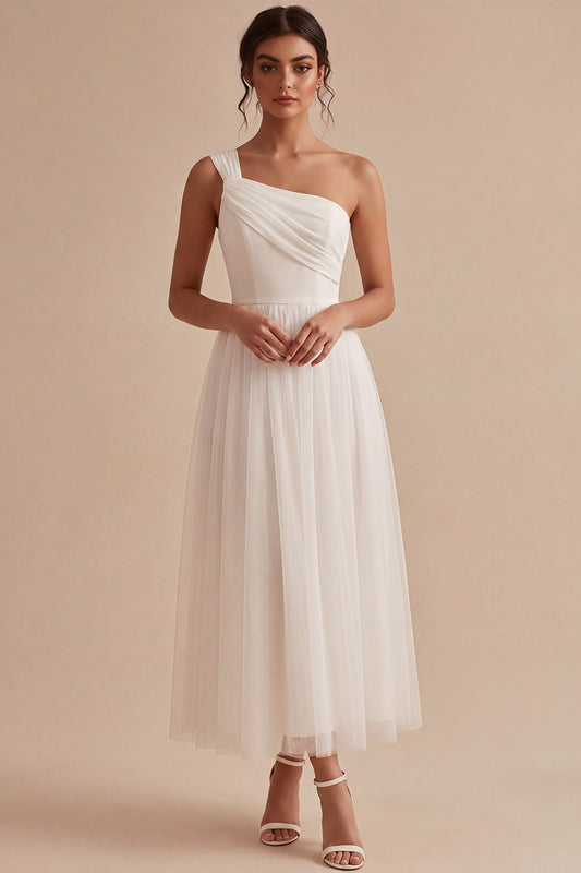 White A-Line One Shoulder Ruched Midi Boho Engagement Dress
