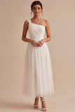 White A-Line One Shoulder Ruched Midi Boho Wedding Dress