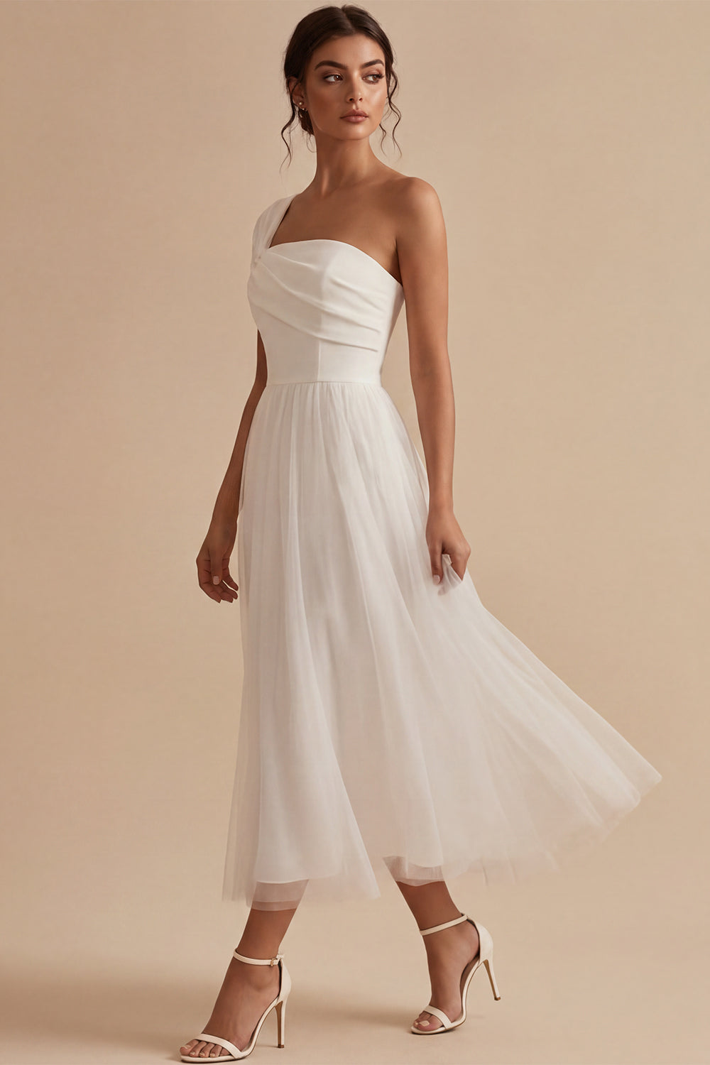 White A-Line One Shoulder Ruched Midi Boho Wedding Dress