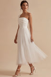 White A-Line One Shoulder Ruched Midi Boho Wedding Dress