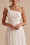 White A-Line One Shoulder Ruched Midi Boho Wedding Dress