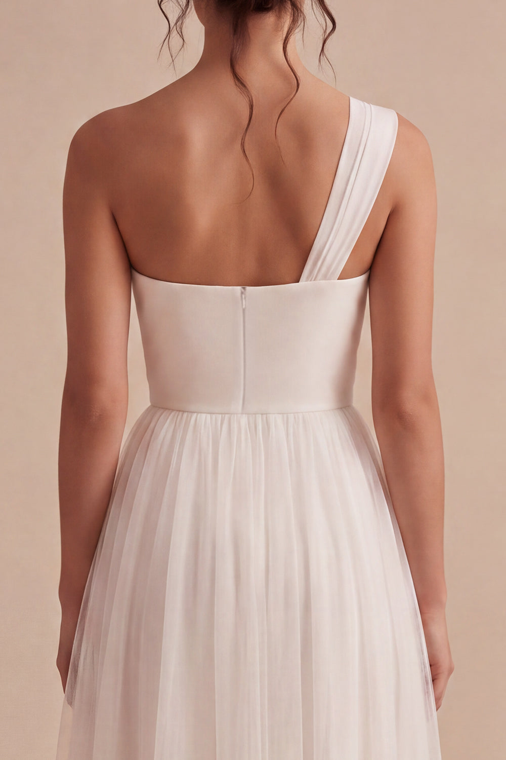 White A-Line One Shoulder Ruched Midi Boho Wedding Dress