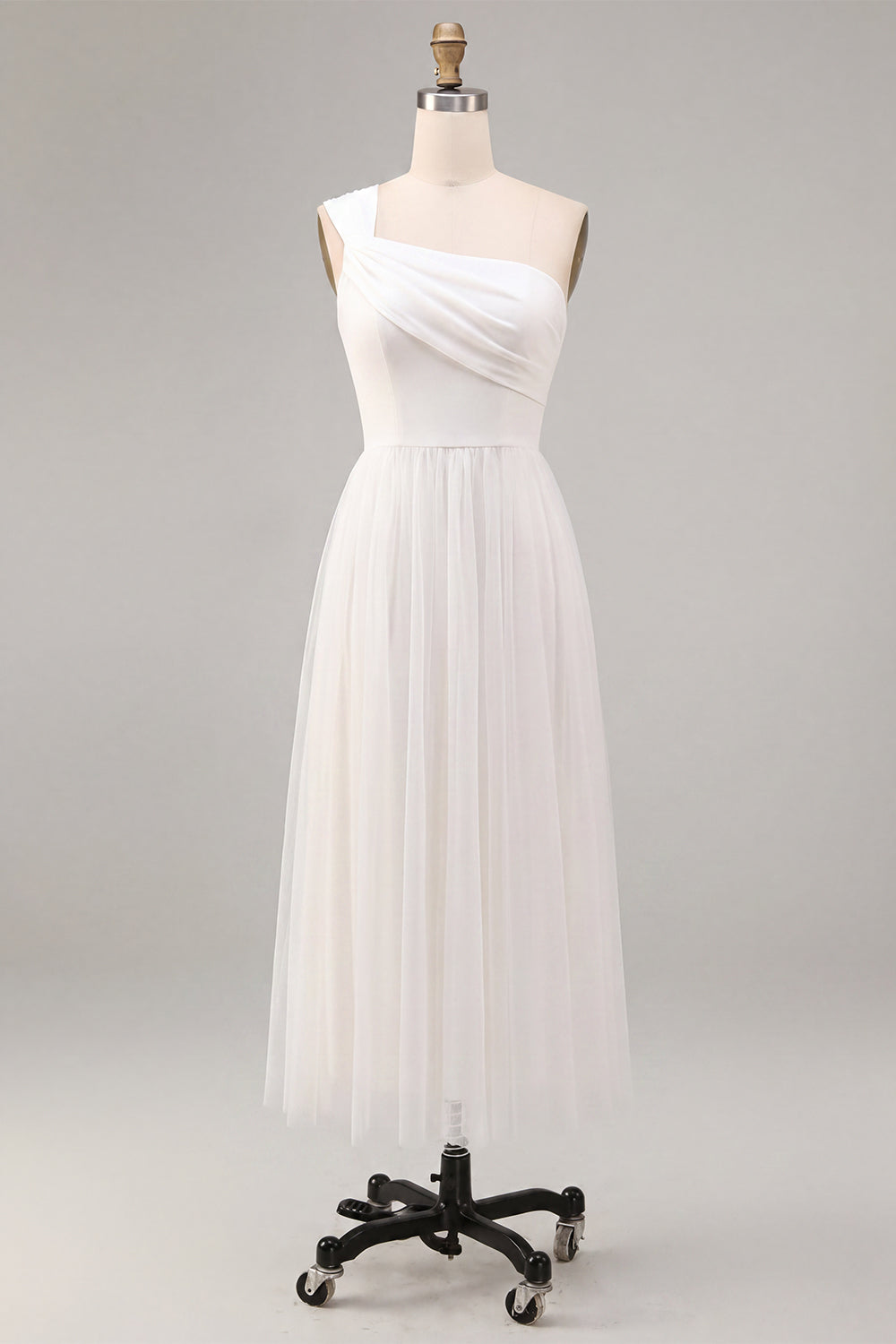 White A-Line One Shoulder Ruched Midi Boho Wedding Dress