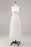 White A-Line One Shoulder Ruched Midi Boho Wedding Dress