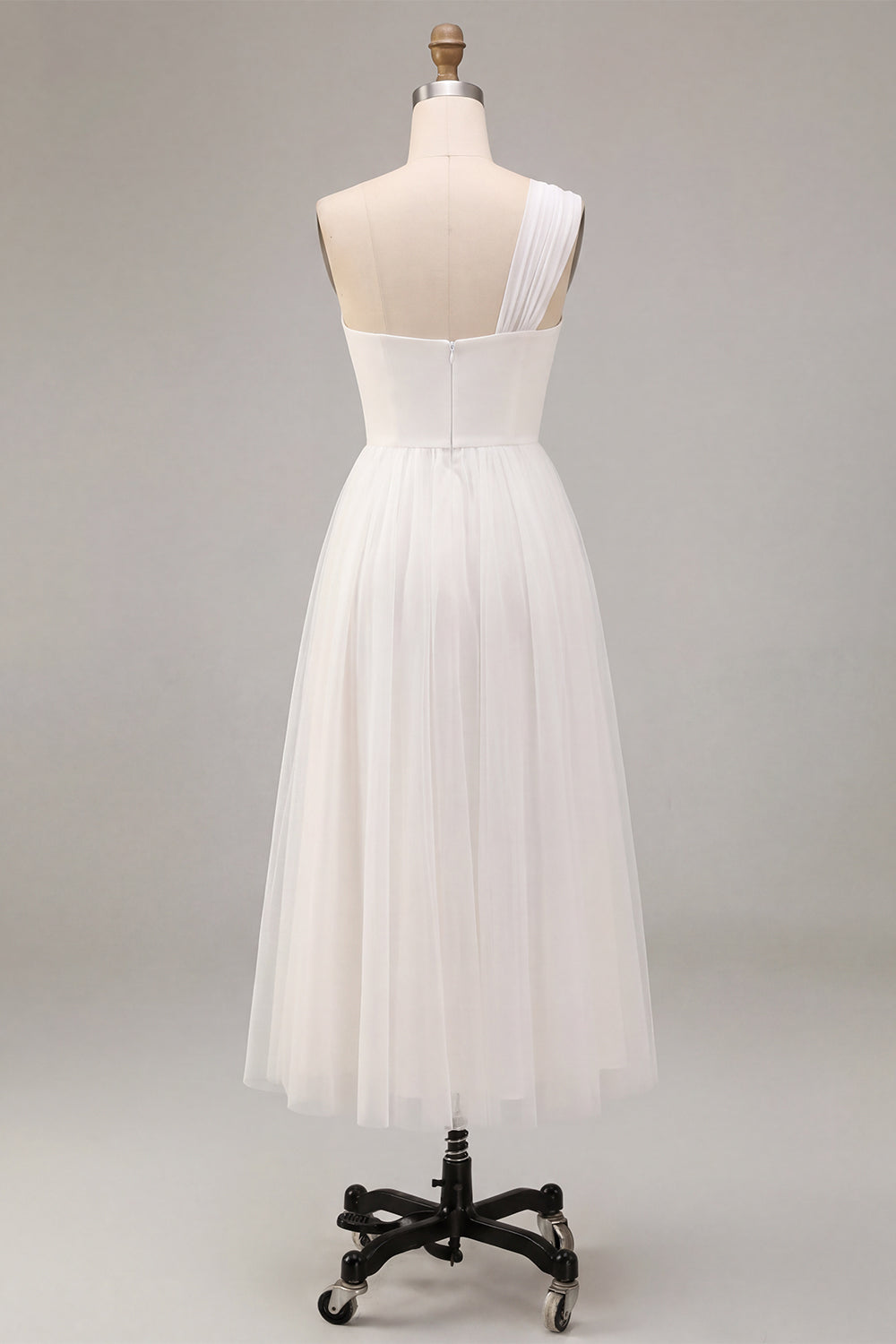 White A-Line One Shoulder Ruched Midi Boho Wedding Dress