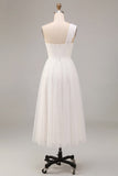 White A-Line One Shoulder Ruched Midi Boho Wedding Dress