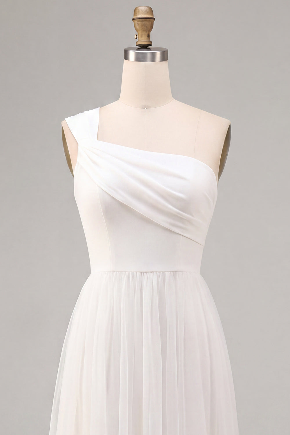 White A-Line One Shoulder Ruched Midi Boho Wedding Dress
